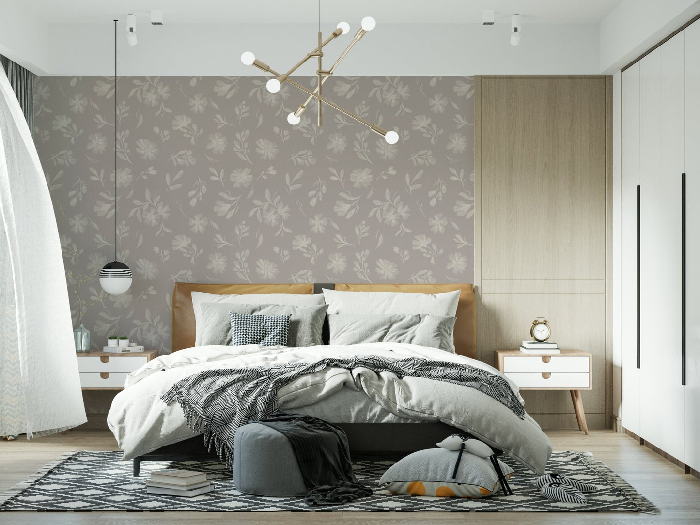 Soft Taupe Flora rustic watercolor peel and stick wallpaper