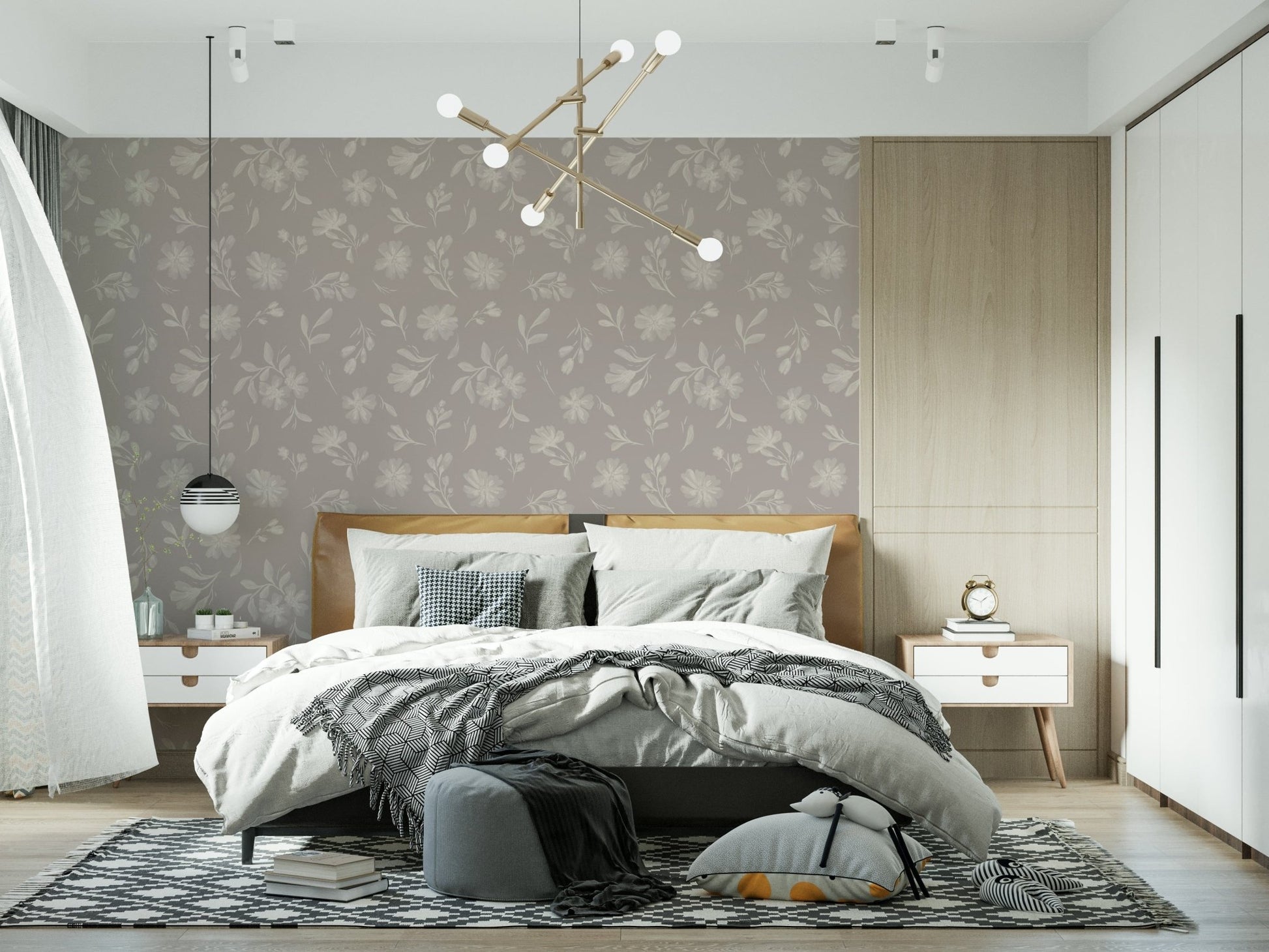 Soft Taupe Flora rustic watercolor peel and stick wallpaper