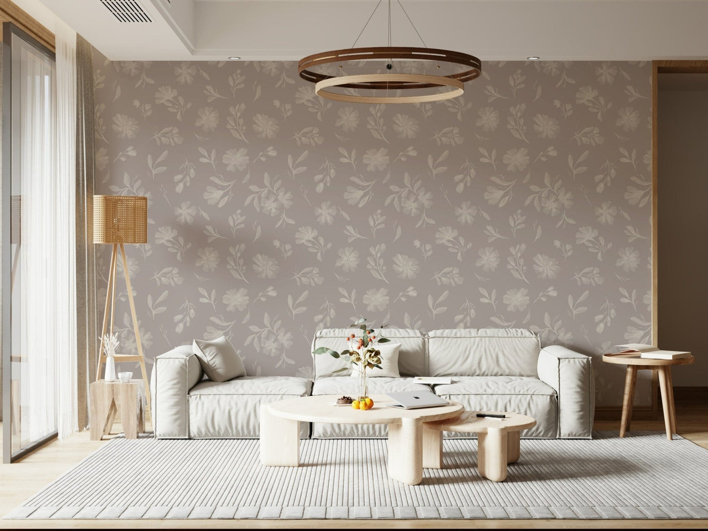 Soft Taupe Flora minimalist floral sprig wall mural