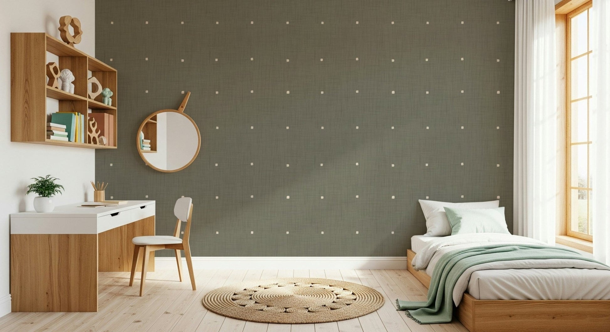 Subtle dot square motif wall mural taupe shade.