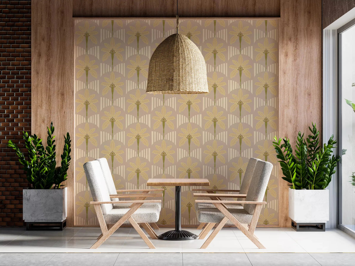 Dining room with tropical wallpaper and cream stripe arches in beige tones