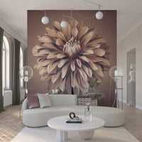 Pink and white botanical wallpaper used in a modern apartment bedroom.