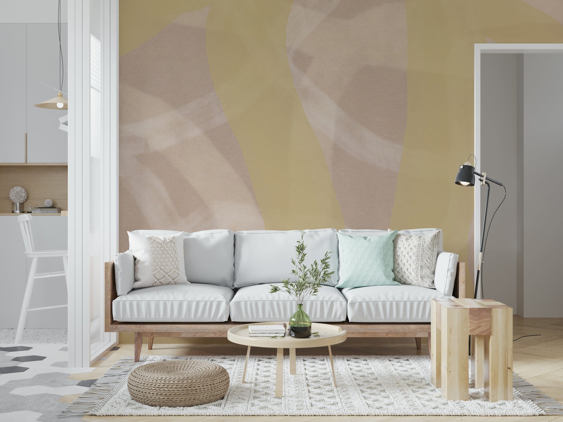 A beautiful soft yellow wallpaper mural with subtle swirls.

