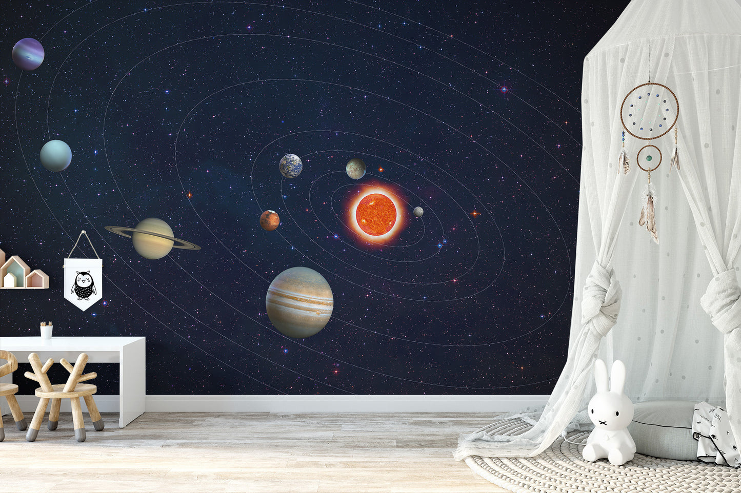 Solar System Planets Orbit wallpaper mural with sun and Saturn in a nursery with a white play table and canopy bunny toy