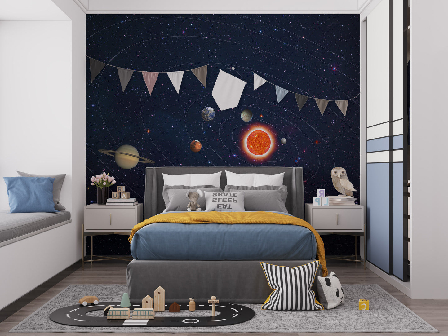 Solar System Planets Orbit wallpaper mural with sun and planets on starry sky in a kids bedroom with blue and mustard bedding