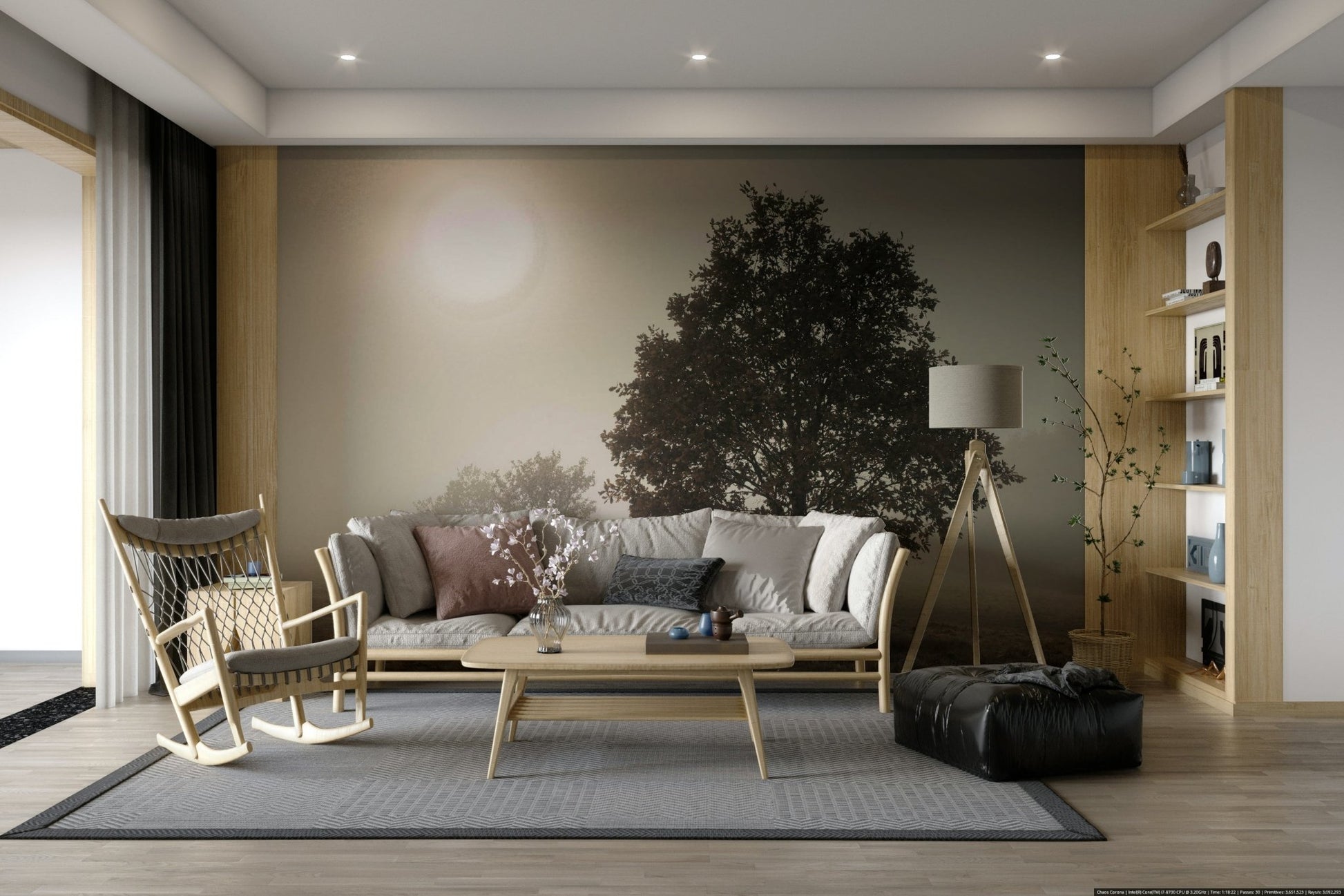 Solitary tree in a wide landscape mural for creating a reflective room.

