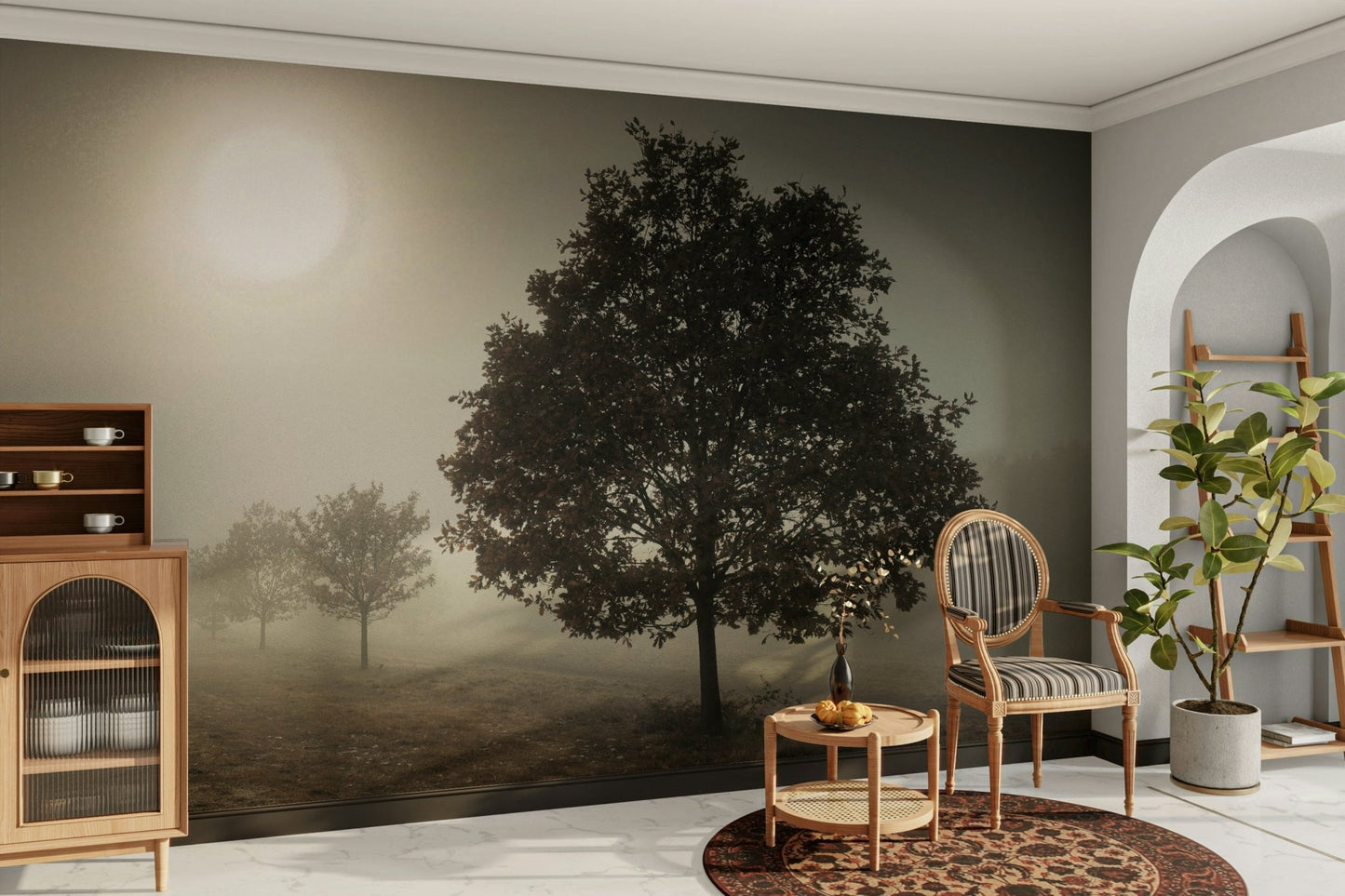 Peaceful solitary tree mural with vast landscape and soft tones.

