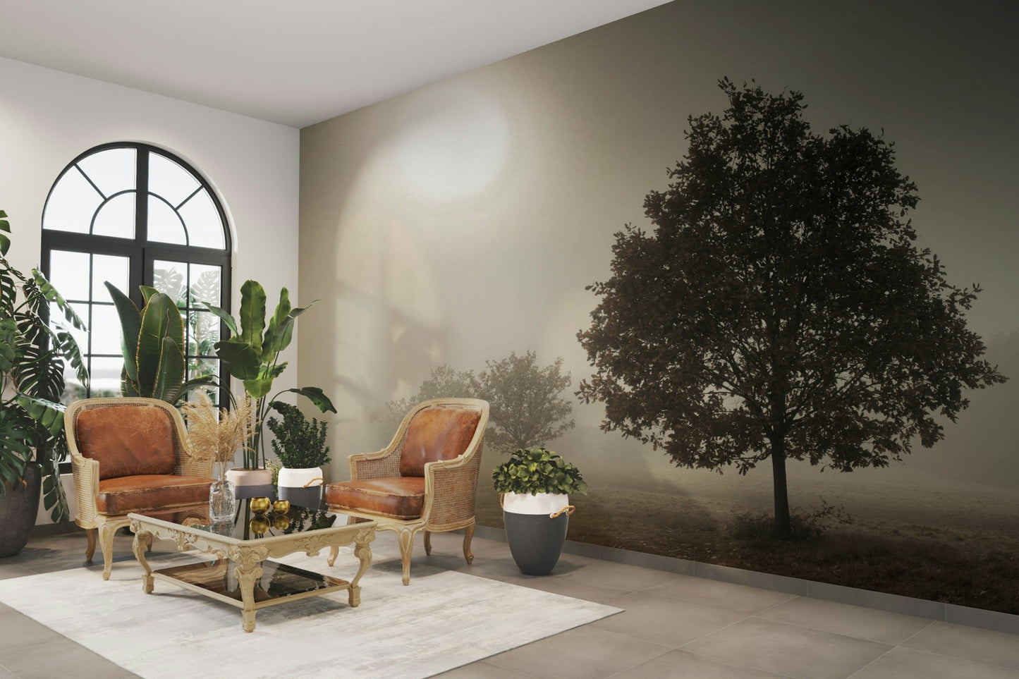 Solitary tree and expansive landscape captured in a wall mural.

