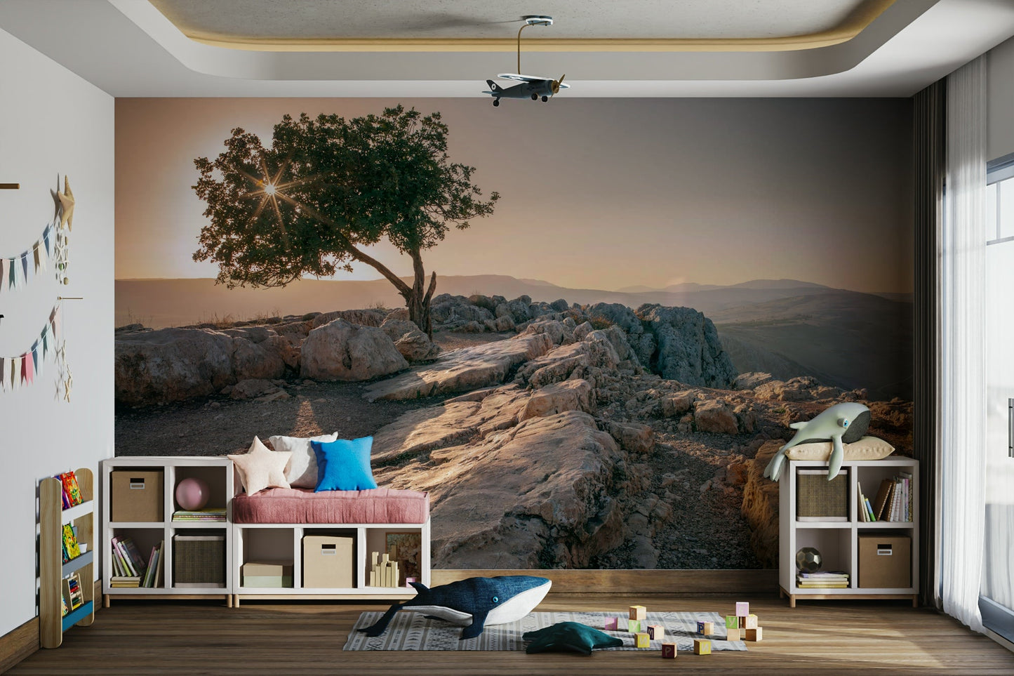 Calm and peaceful wall mural with solitary tree and sunset colors.

