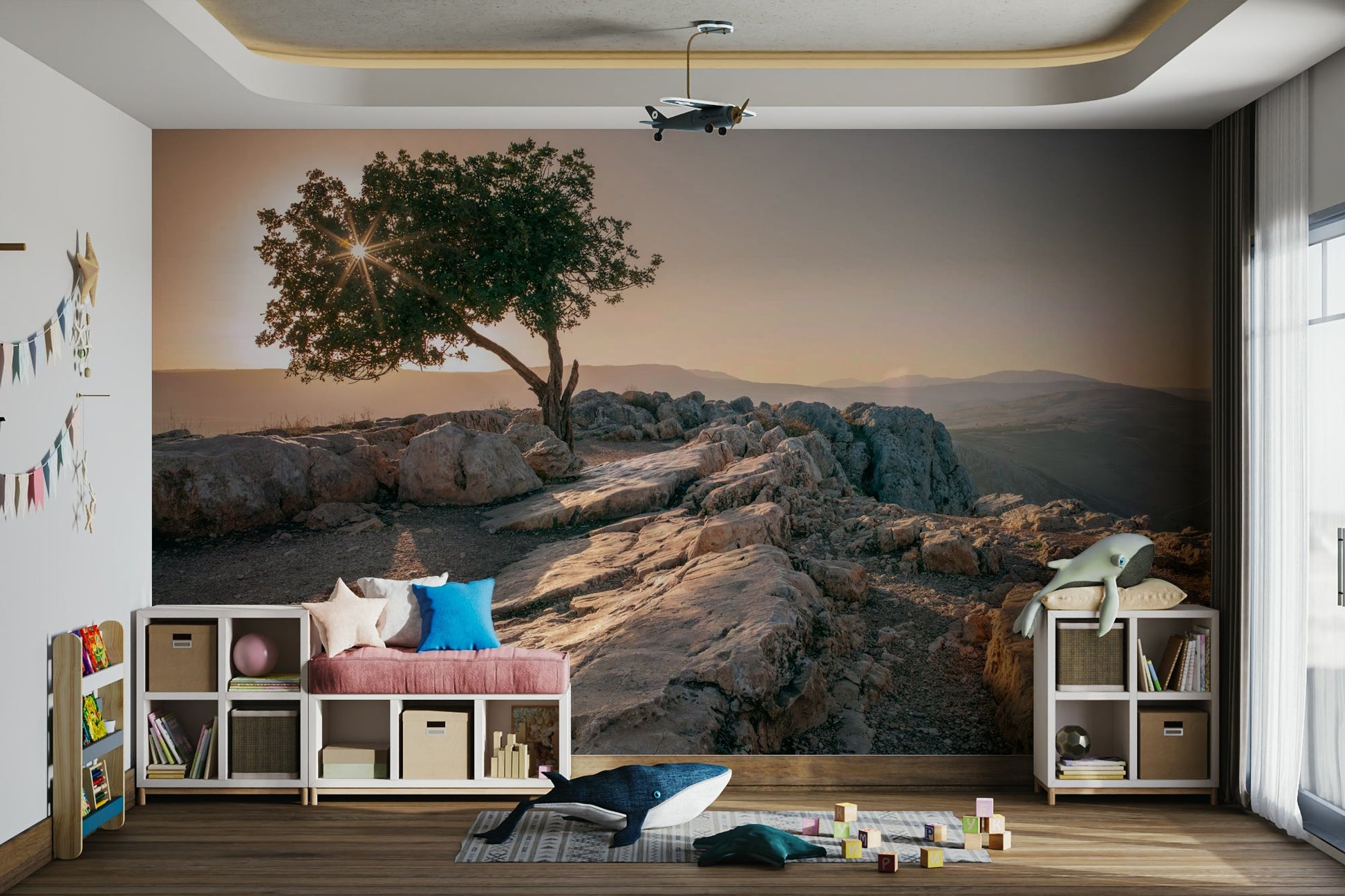 Calm and peaceful wall mural with solitary tree and sunset colors.

