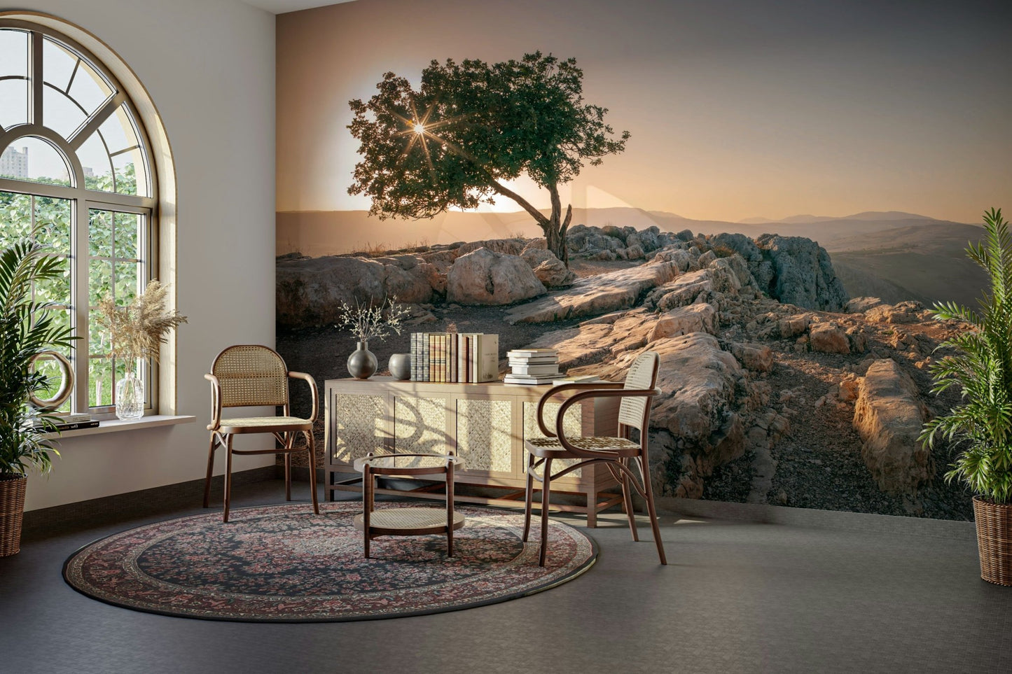 Nature-inspired solitary tree at dusk mural for serene spaces.

