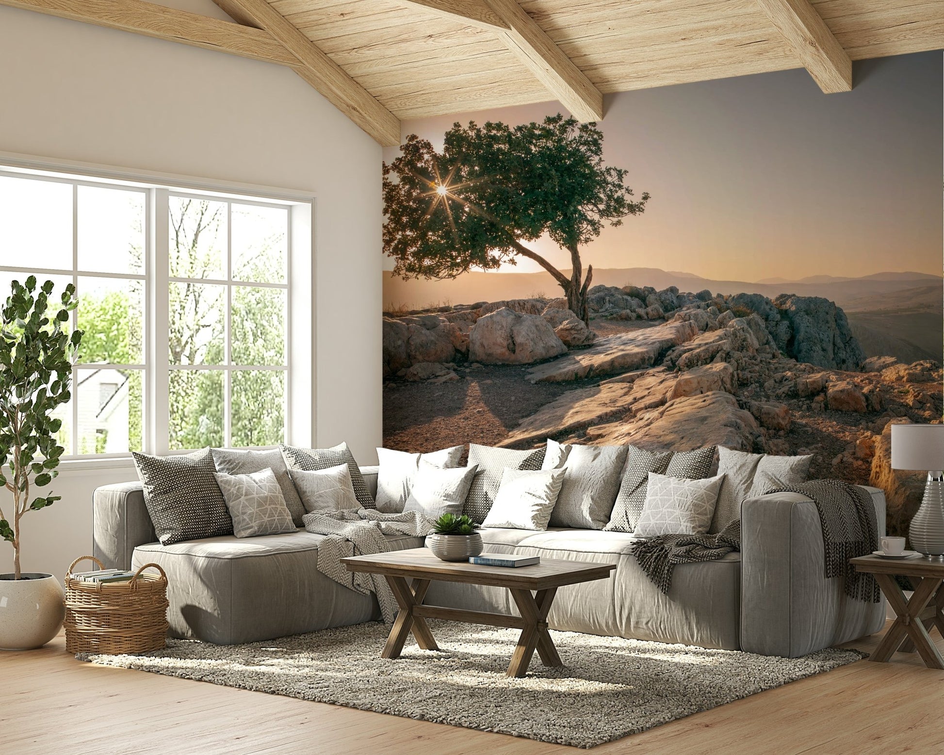 Solitary Tree at Dusk Wall Mural with golden sunset light.

