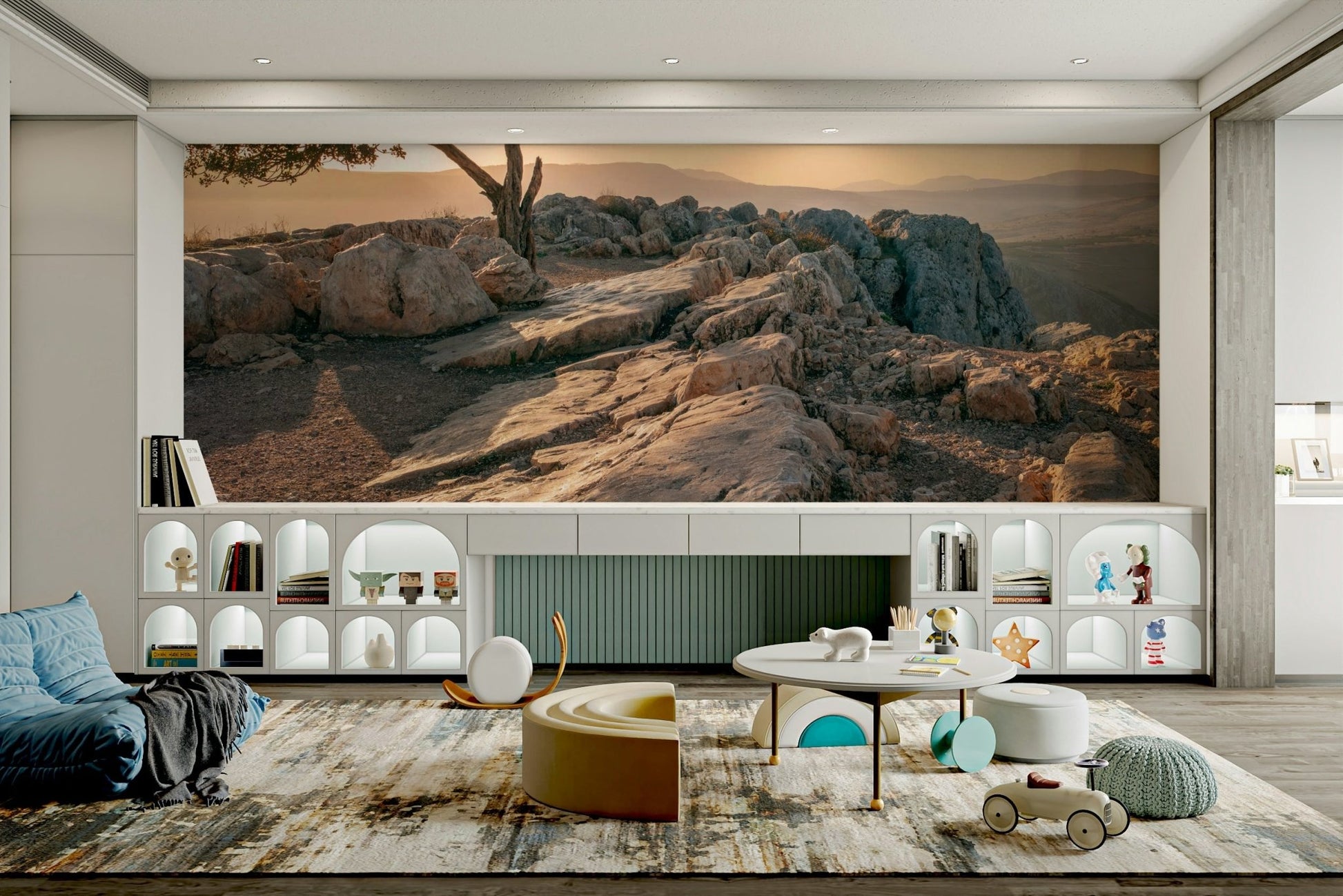 Serene wall mural with a tree at dusk and soft sunset hues.

