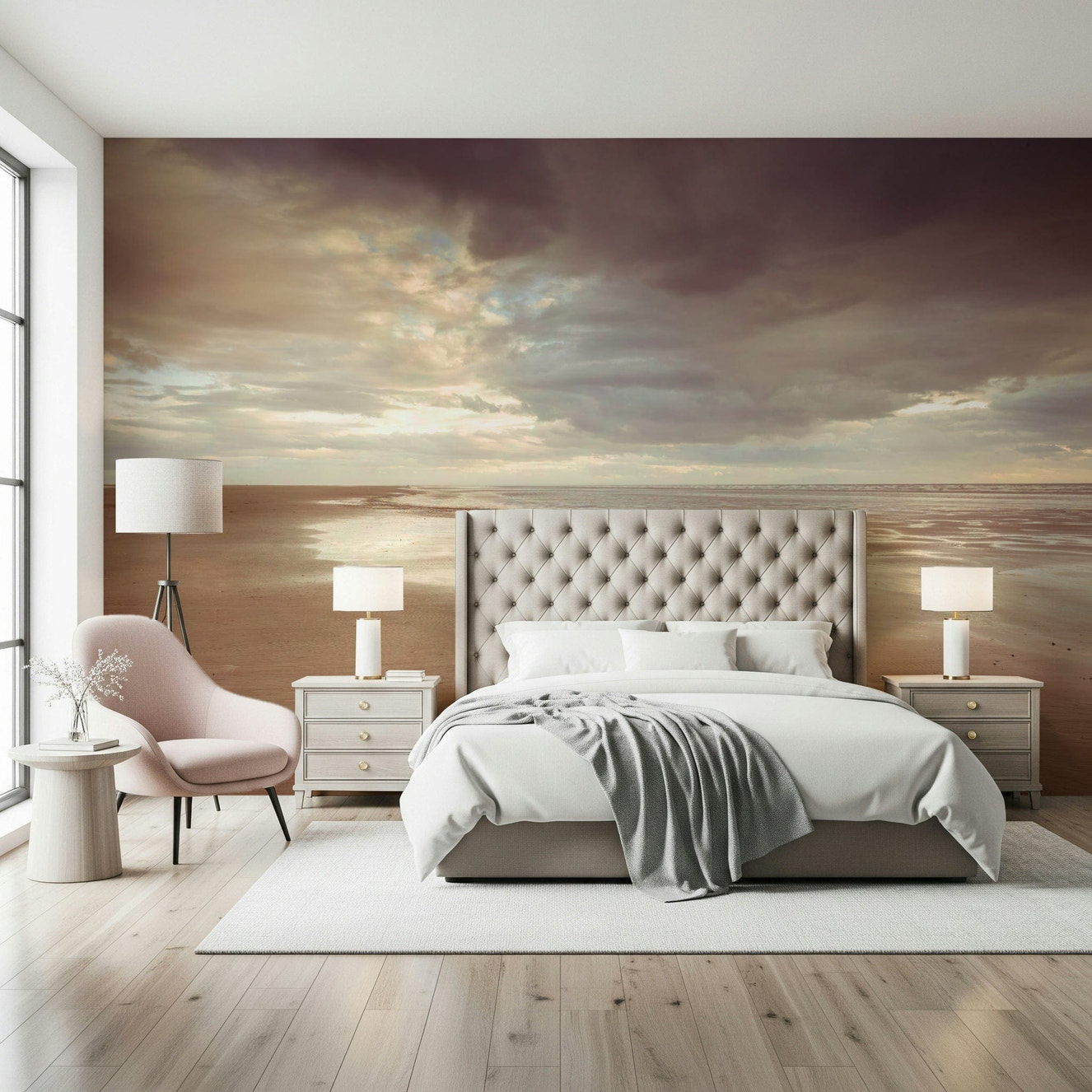 Wet sand reflection captured in Soothing Seashore wall mural for relaxing interiors