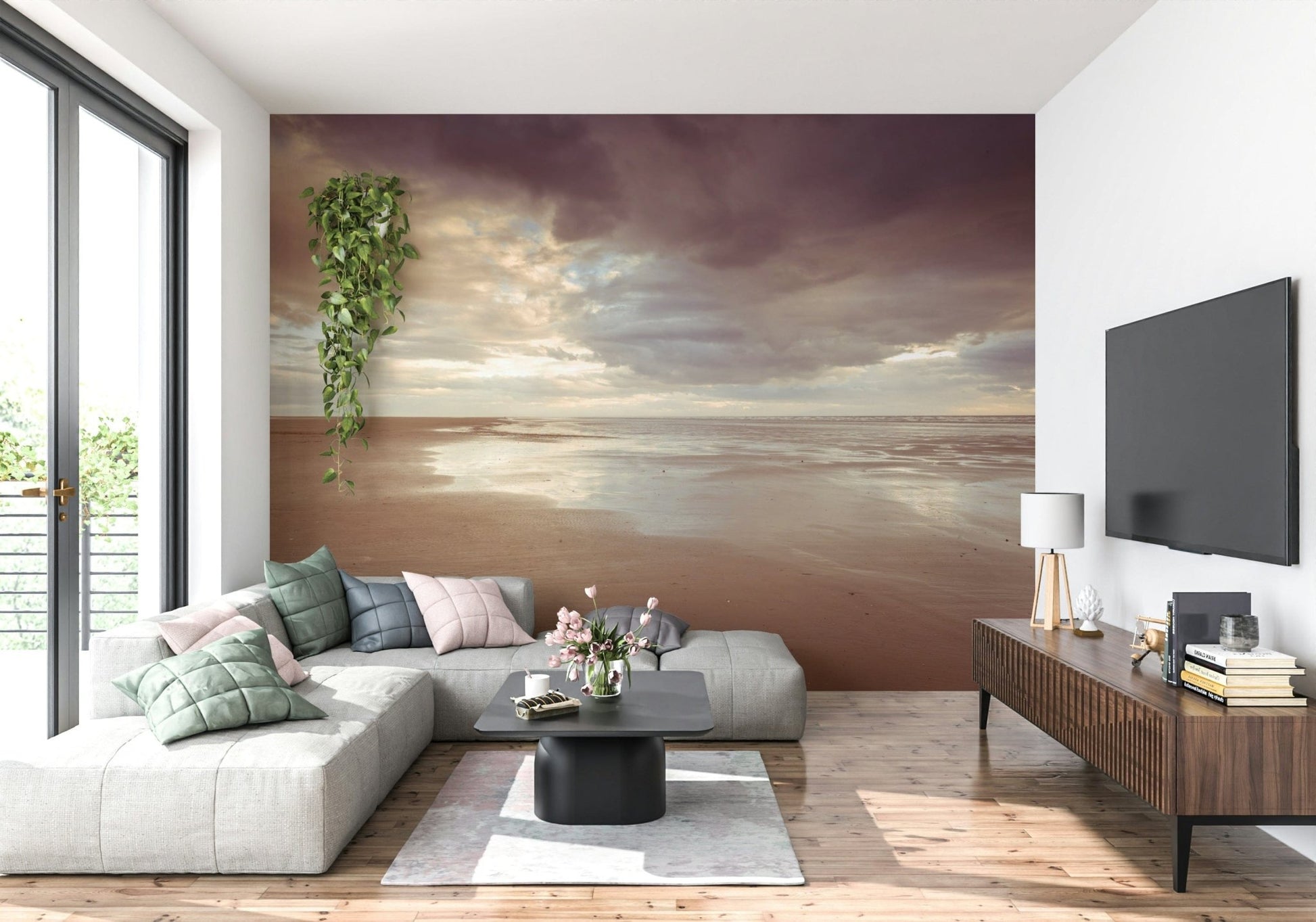 Muted coastal tones featured in Soothing Seashore peel and stick wallpaper