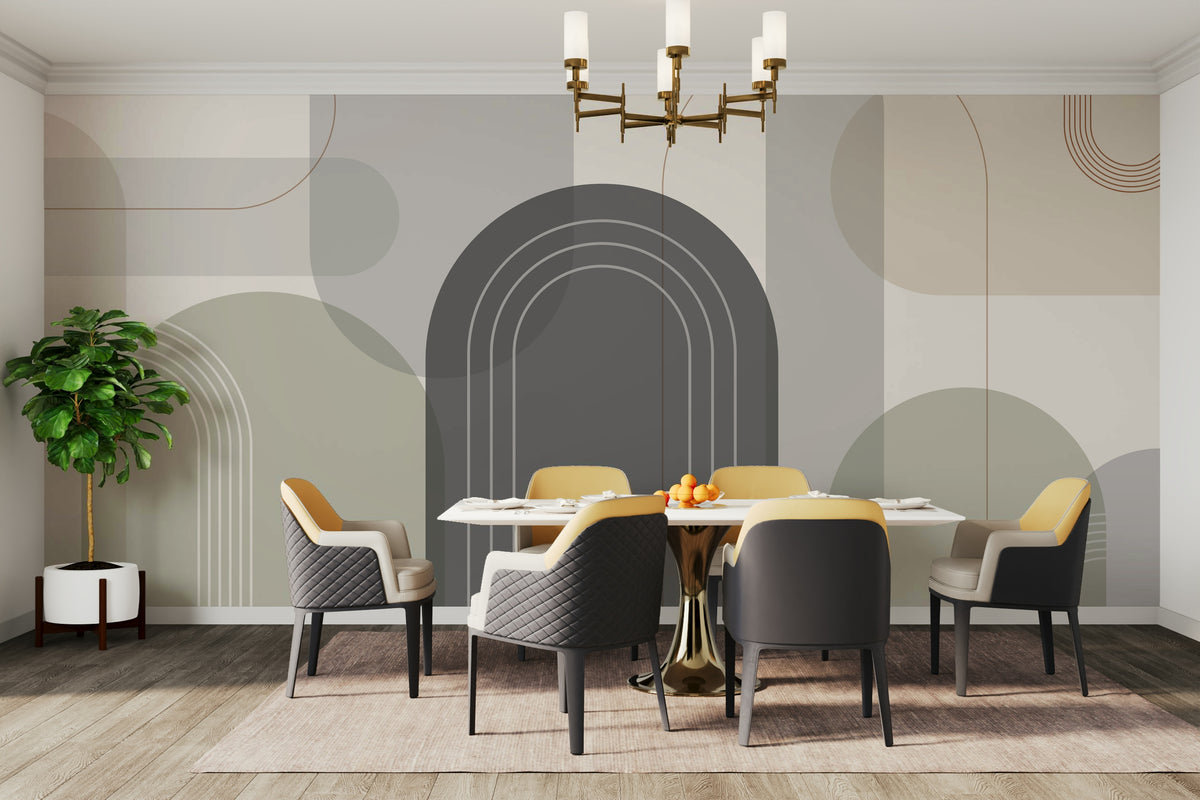 Sophisticated Arches Warm Neutrals wallpaper mural in a dining room with a marble table, yellow chairs and a brass chandelier
