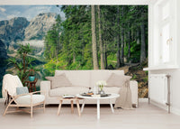 Nature wall art of South Tyrol mountains, calm water, and woodland pathway
