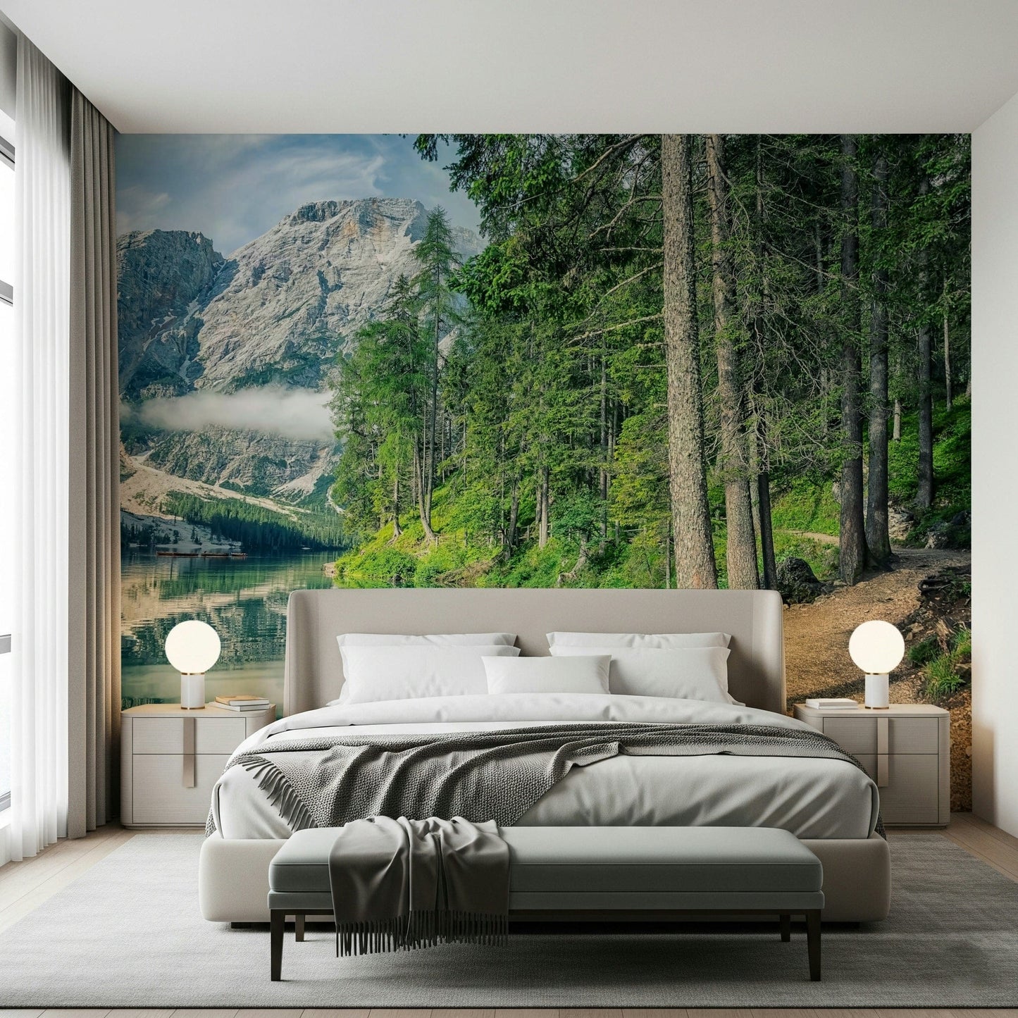 Bedroom wall mural displaying South Tyrol nature scene with mountain wallpaper detail
