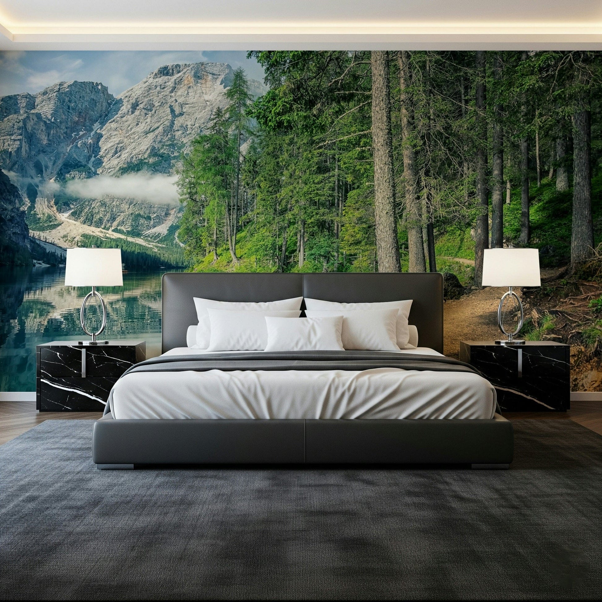 Alpine bedroom mural featuring South Tyrol mountains, forest path, and nature tones