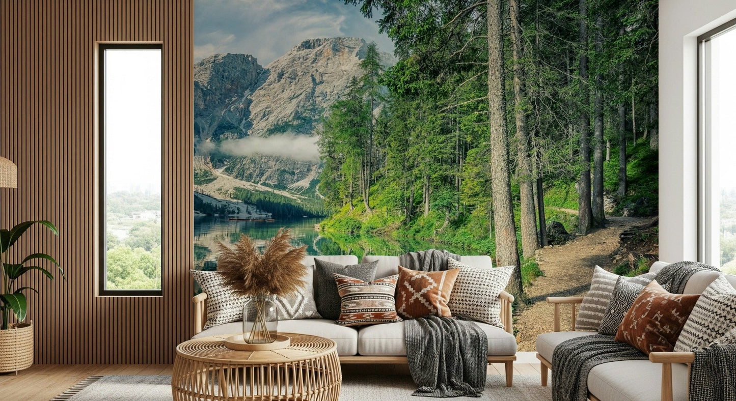 Nature inspired wall mural showing South Tyrol mountain range and woodland trail