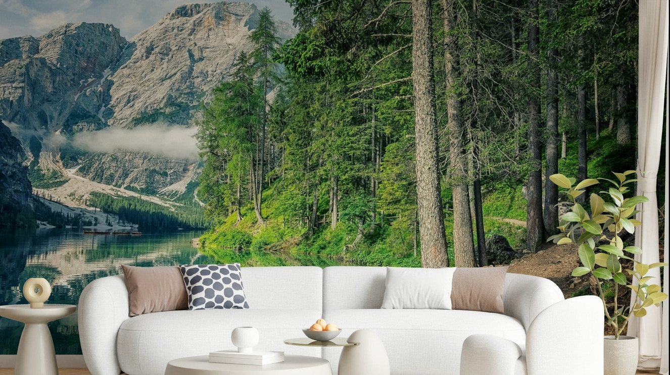 South Tyrol alpine mural featuring mountain wallpaper textures and forest nature view