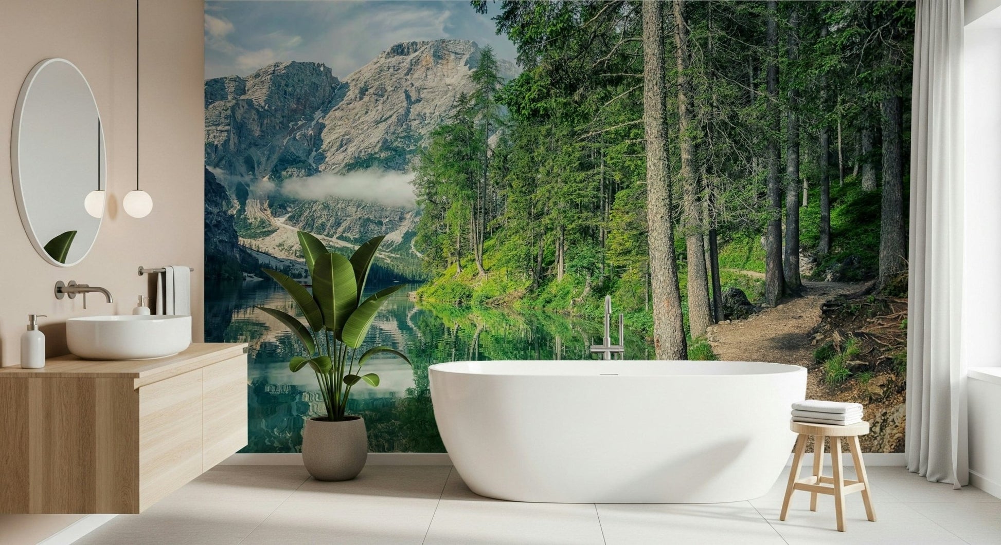 Nature wall mural of South Tyrol with mountain wallpaper view and reflective water