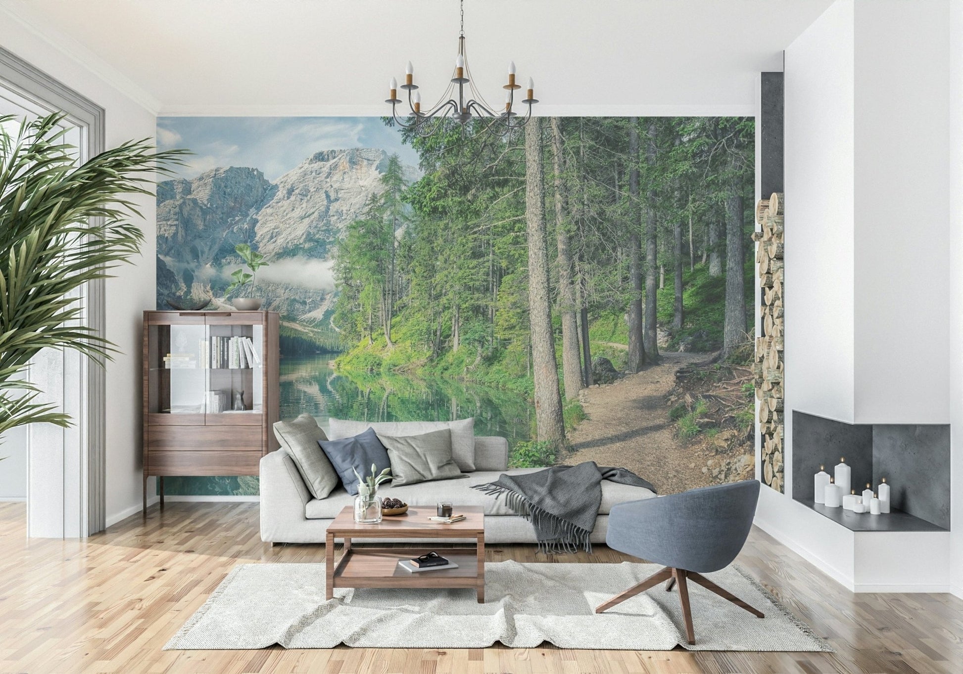 South Tyrol landscape mountain wallpaper with trees, lake shoreline, and nature depth