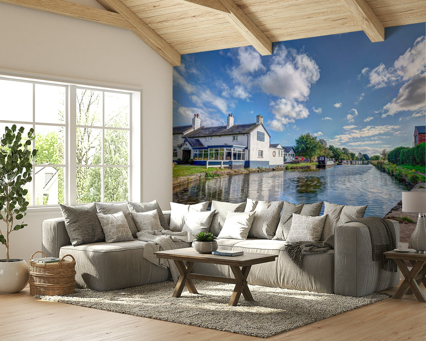 A living room featuring the canalside dining wall mural.

