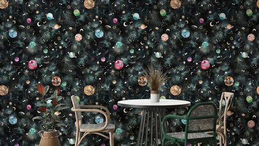 Space Galaxy Astronomy Constellations Planets Blue Wallpaper with swirling galaxies and stars.

