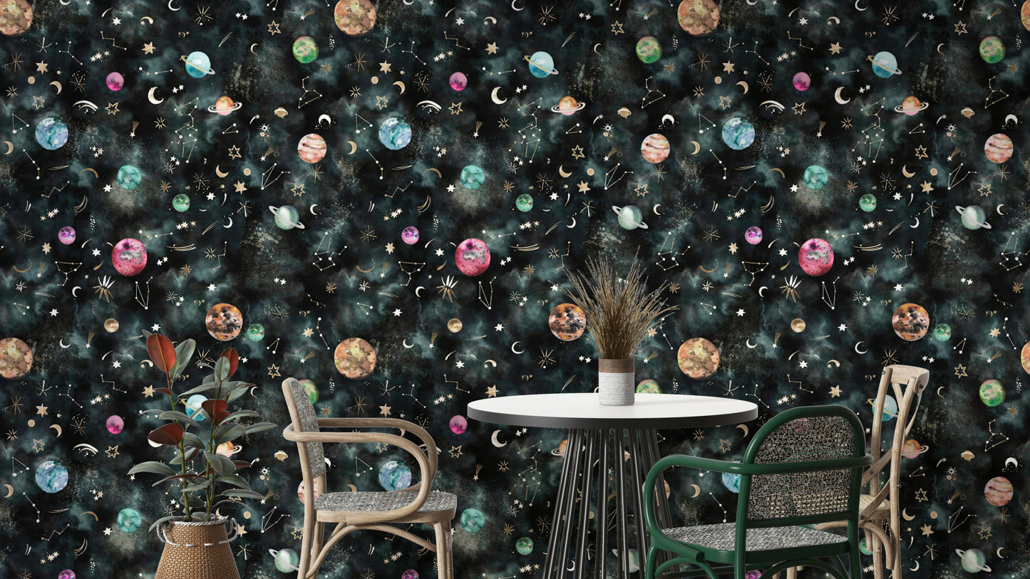 Space Galaxy Astronomy Constellations Planets Blue Wallpaper with swirling galaxies and stars.

