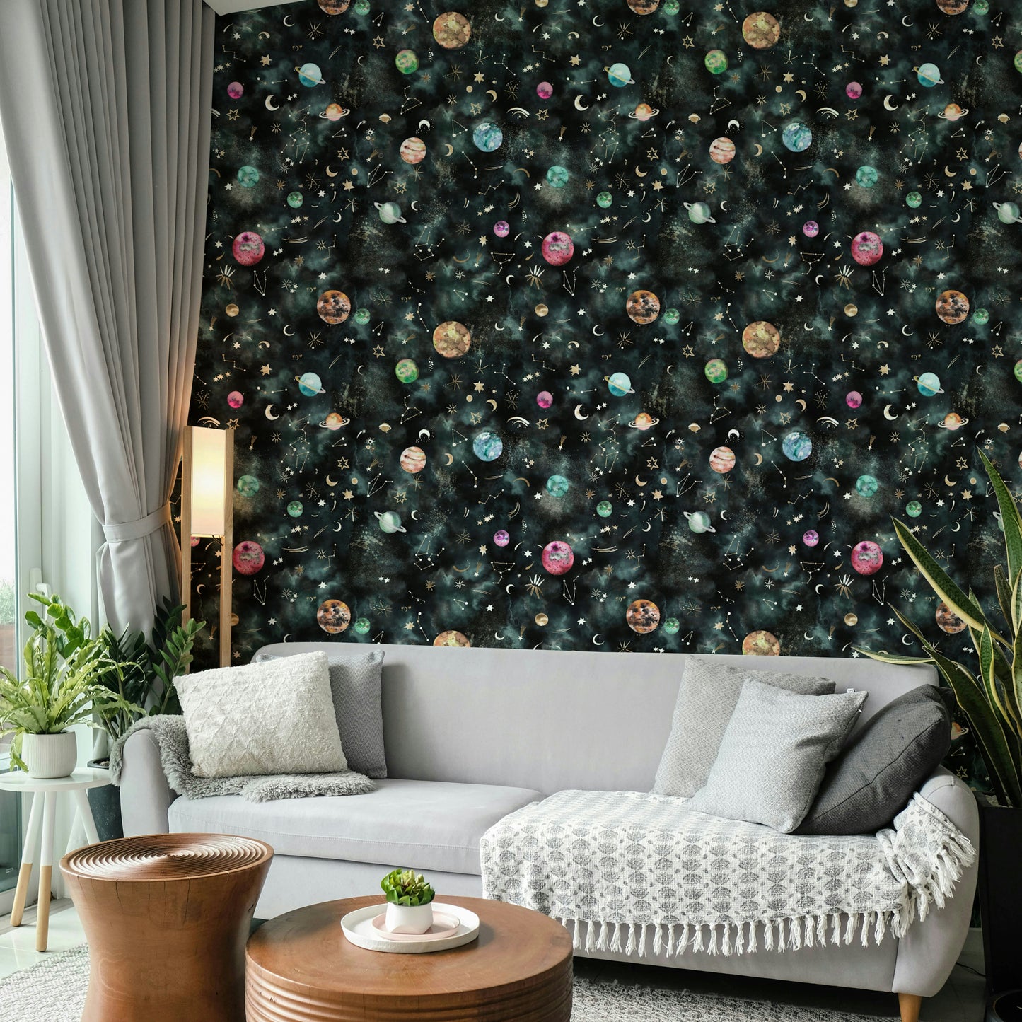 Astronomical wallpaper featuring galaxies, planets, and starry constellations.

