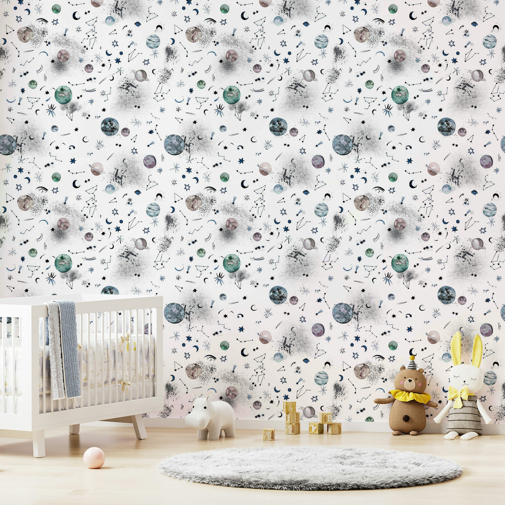 Cosmic mural with deep blue galaxies, bright planets, and sparkling stars.

