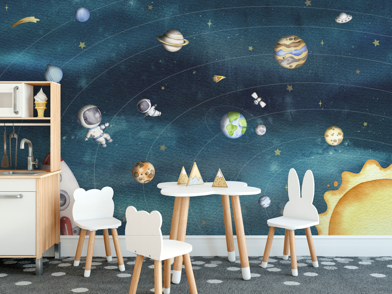 Kids room with a space joy dark wall mural on canvas material featuring a white table and cute bunny-eared chairs.