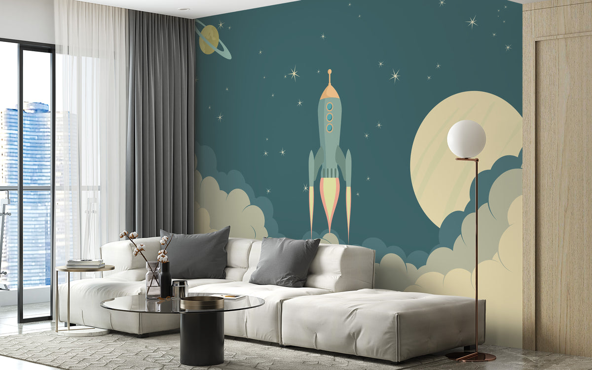 Launch Rocket Kids Cartoon wallpaper mural styled along a hallway feature wall near a console in green tones