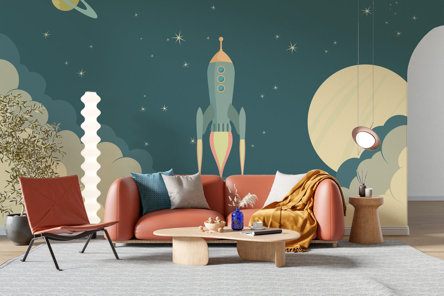 Launch Rocket Kids Cartoon wallpaper mural as a feature wall in a home office workspace in green tones
