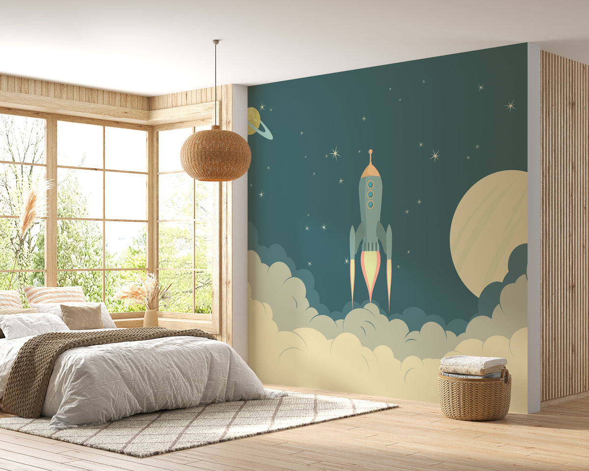 Launch Rocket Kids Cartoon wallpaper mural as a bedroom feature wall behind the headboard in green tones