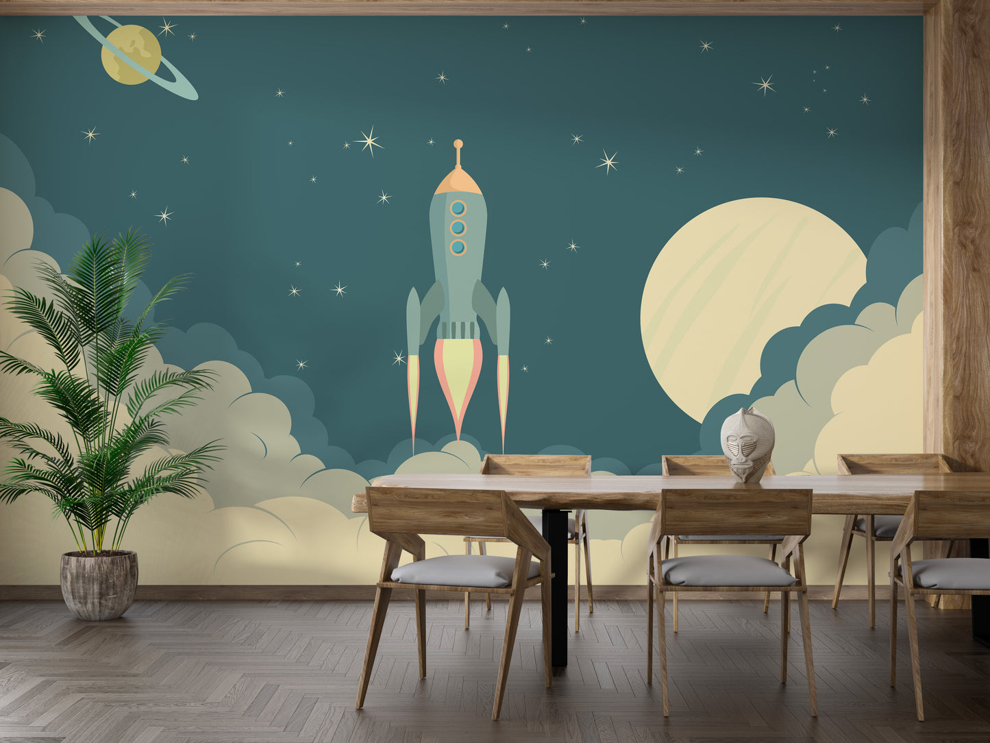 Launch Rocket Kids Cartoon wallpaper mural displayed across a full wall in a modern living space in green tones