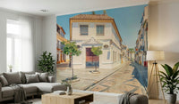 Rustic Mediterranean building facade Spanish Street Charm wallpaper mural.