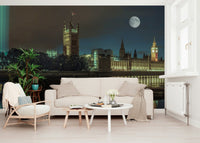 Dramatic Westminster Abby wallpaper, full moon reflection.