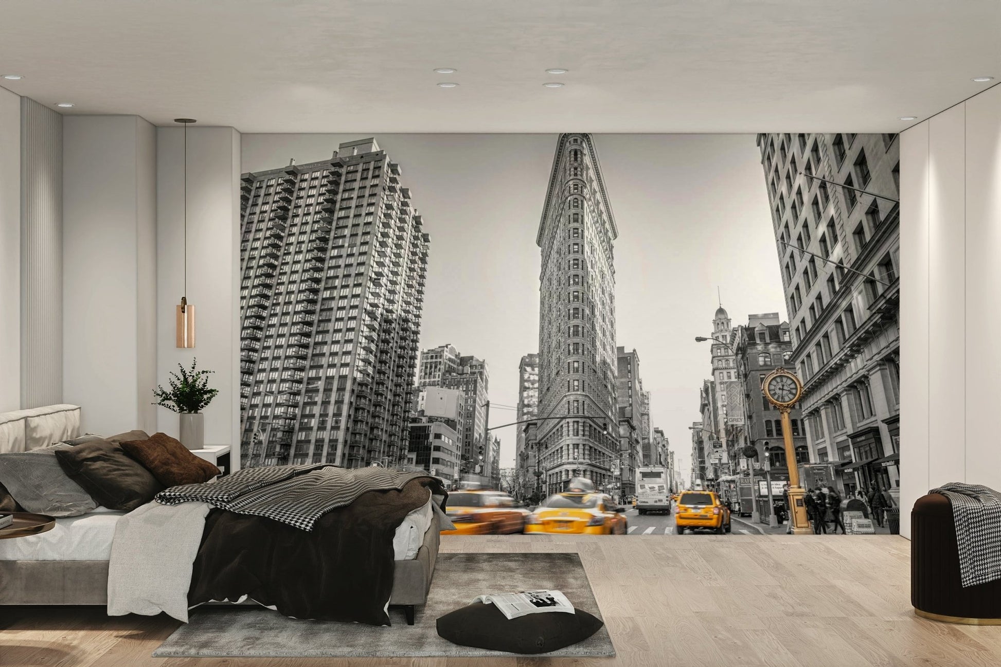 Grayscale street scene with a pop of yellow.

