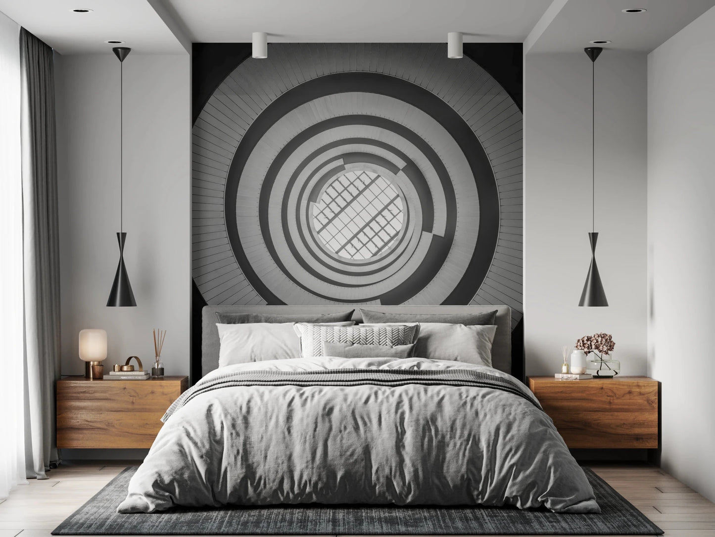 Create an artistic feature wall in your bedroom with this modern spiral ascent wall mural.