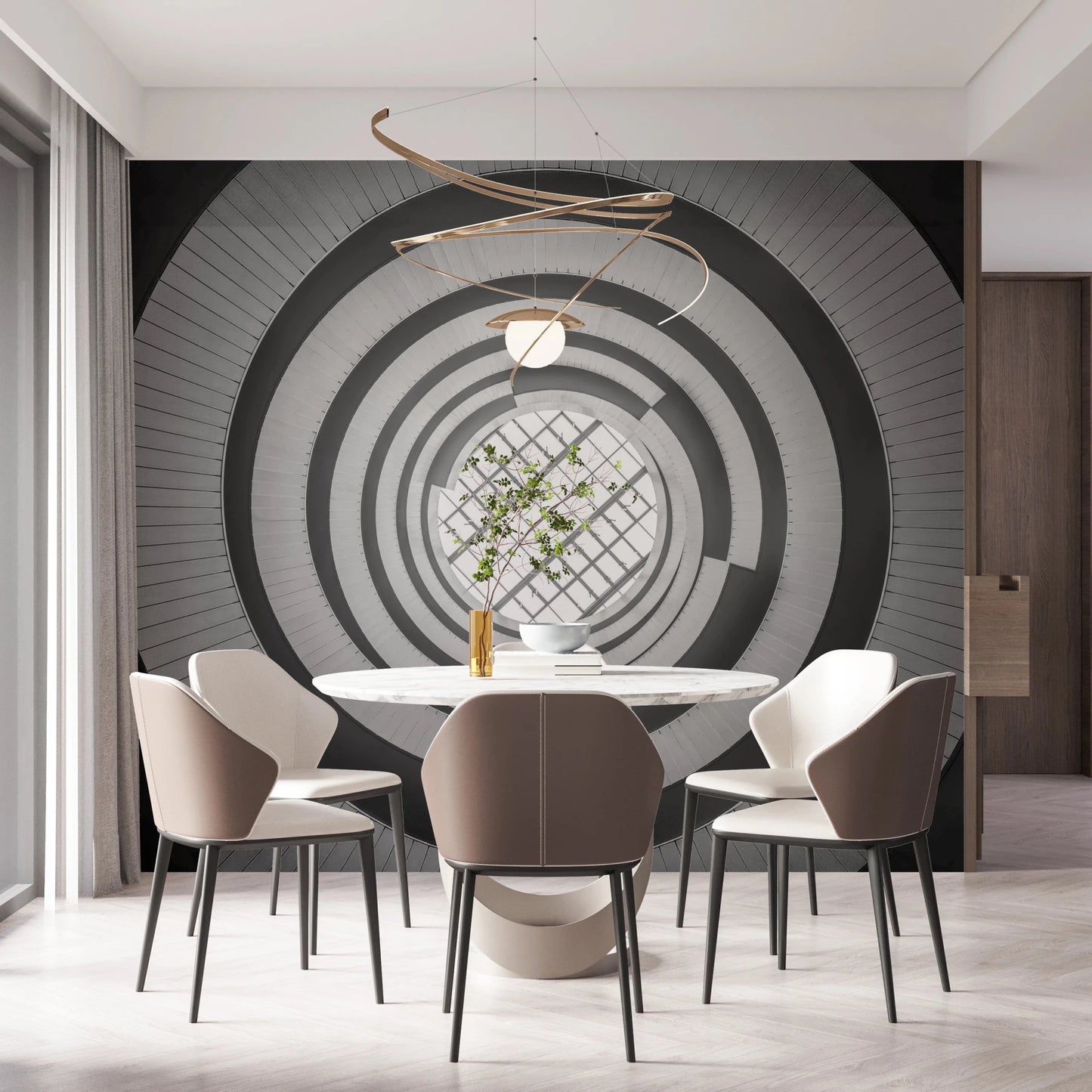 Spiral ascent wall mural adding a minimalist touch to your dining room.