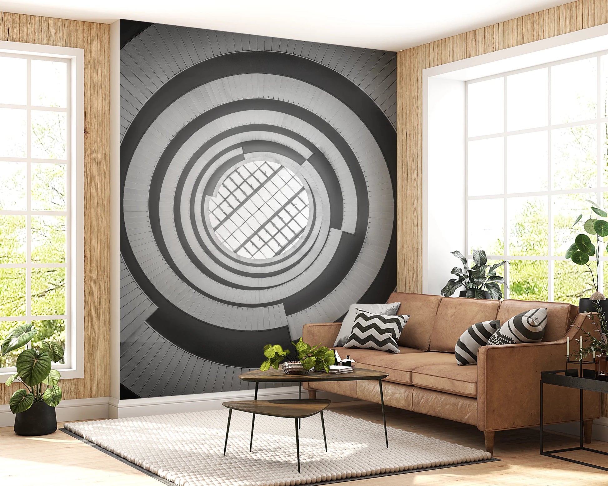 Elegant spiral staircase design wall mural, perfect for a living room space.