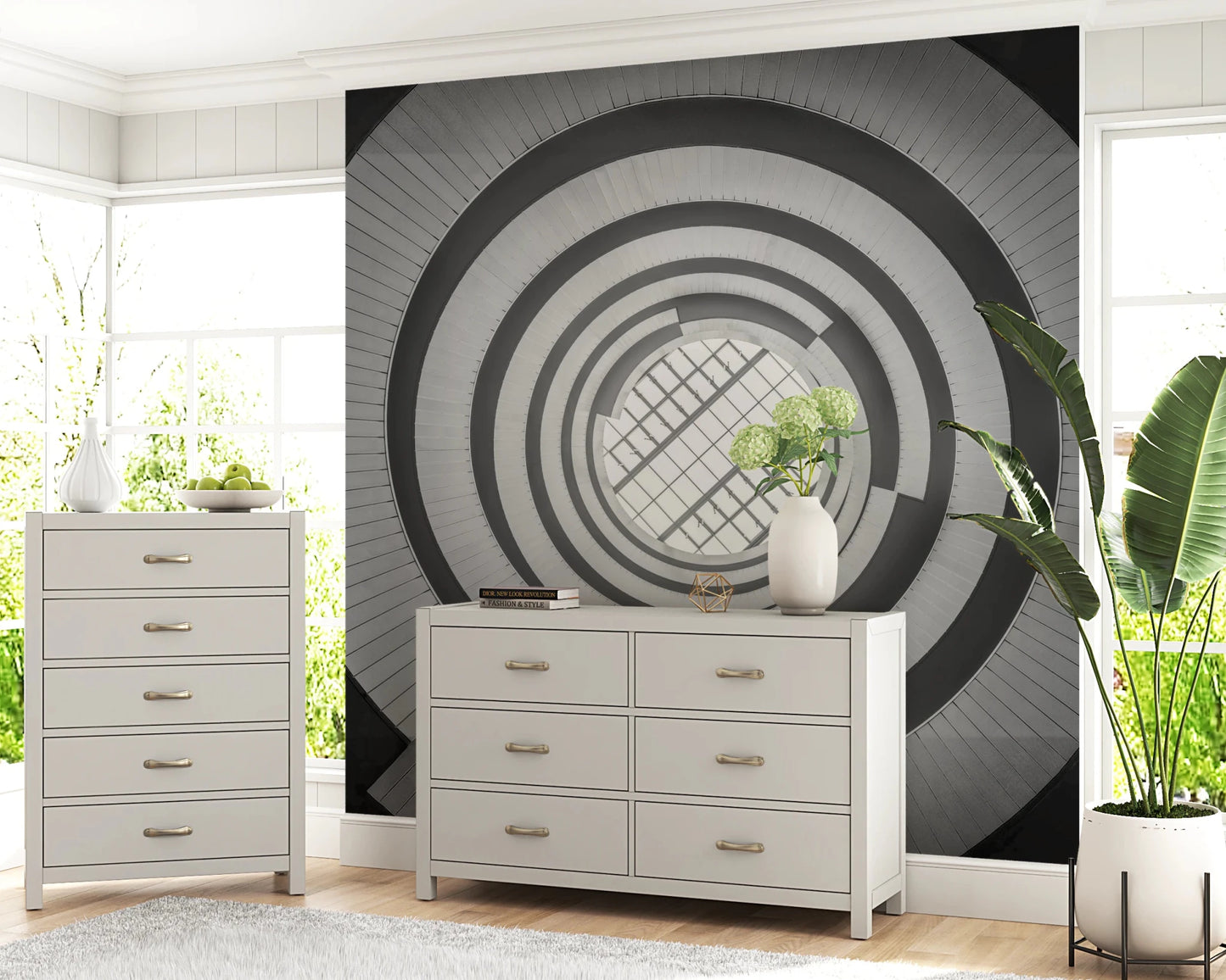 Chic black and white spiral design wall mural for a stylish home office or study.