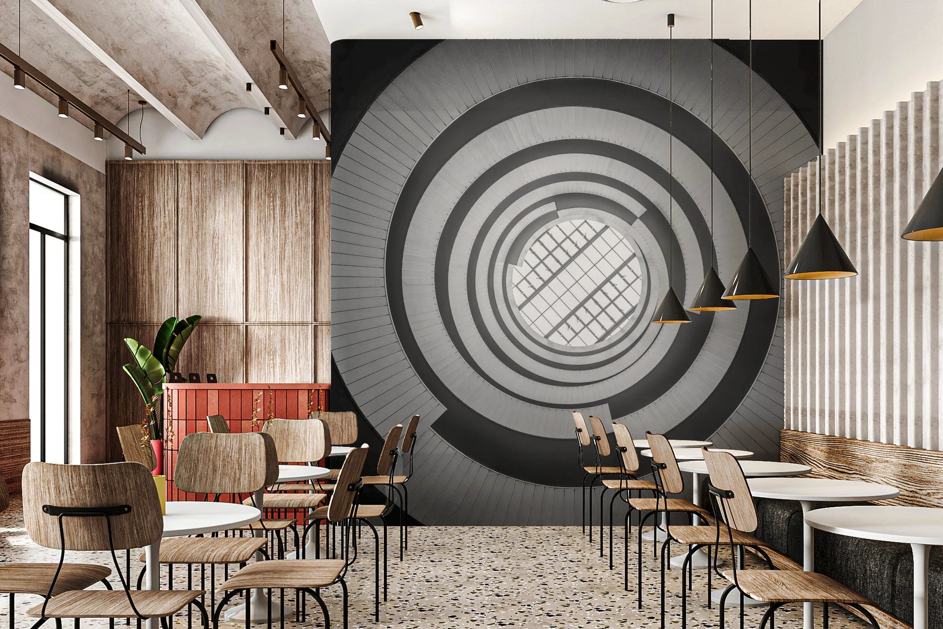 Dynamic spiral staircase mural adding architectural depth to a spacious restaurant.