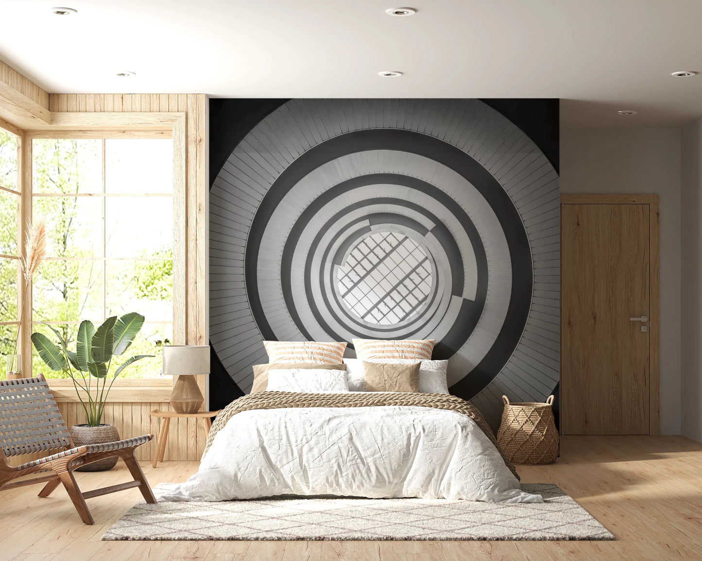Sophisticated spiral wall mural in a monochrome design, ideal for modern bedrooms.