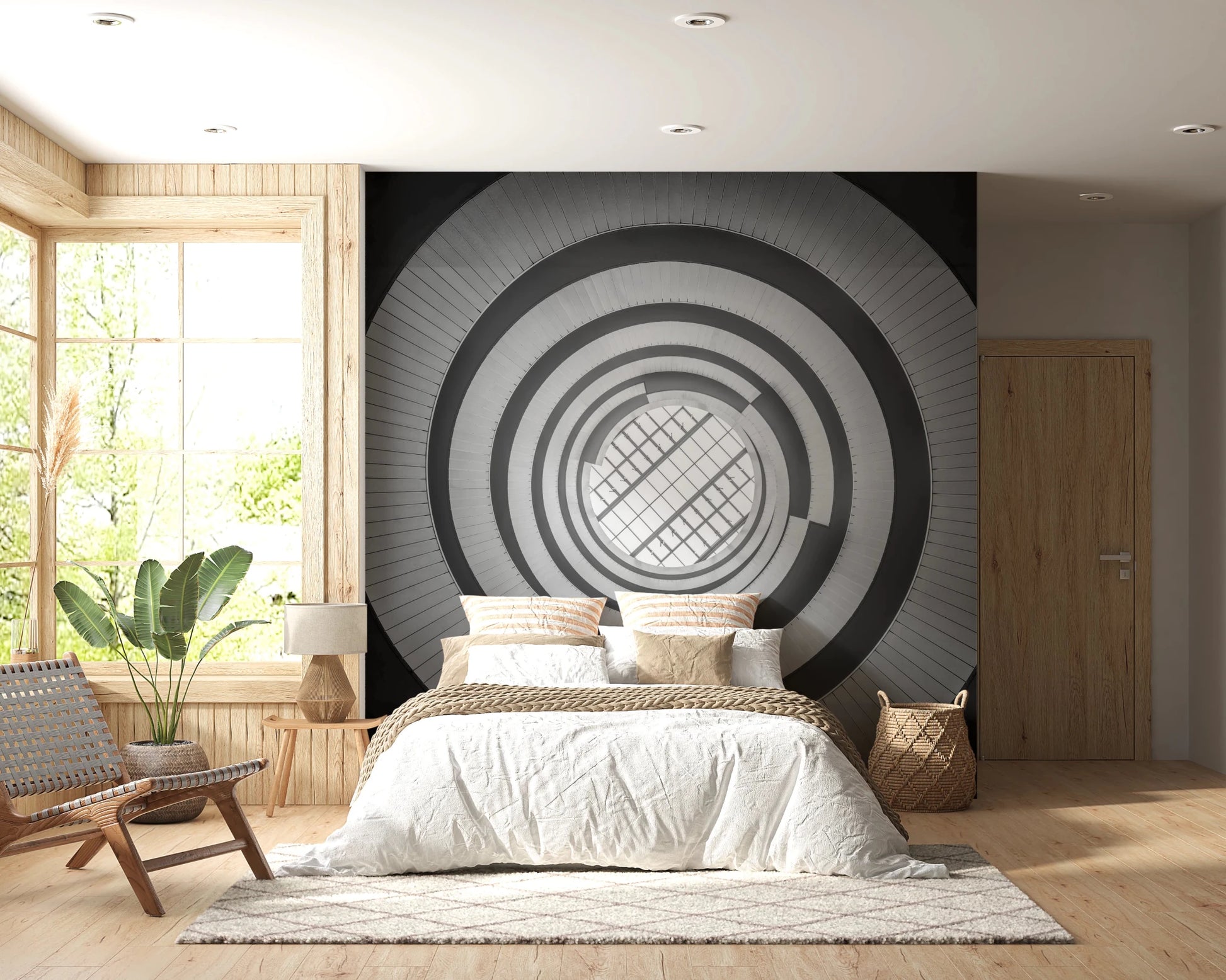 Sophisticated spiral wall mural in a monochrome design, ideal for modern bedrooms.
