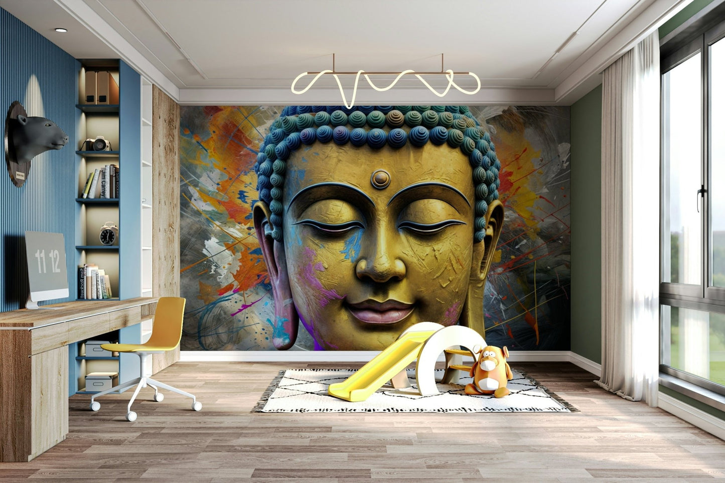 The colors are soft, muted tones of gold, beige, and white.

