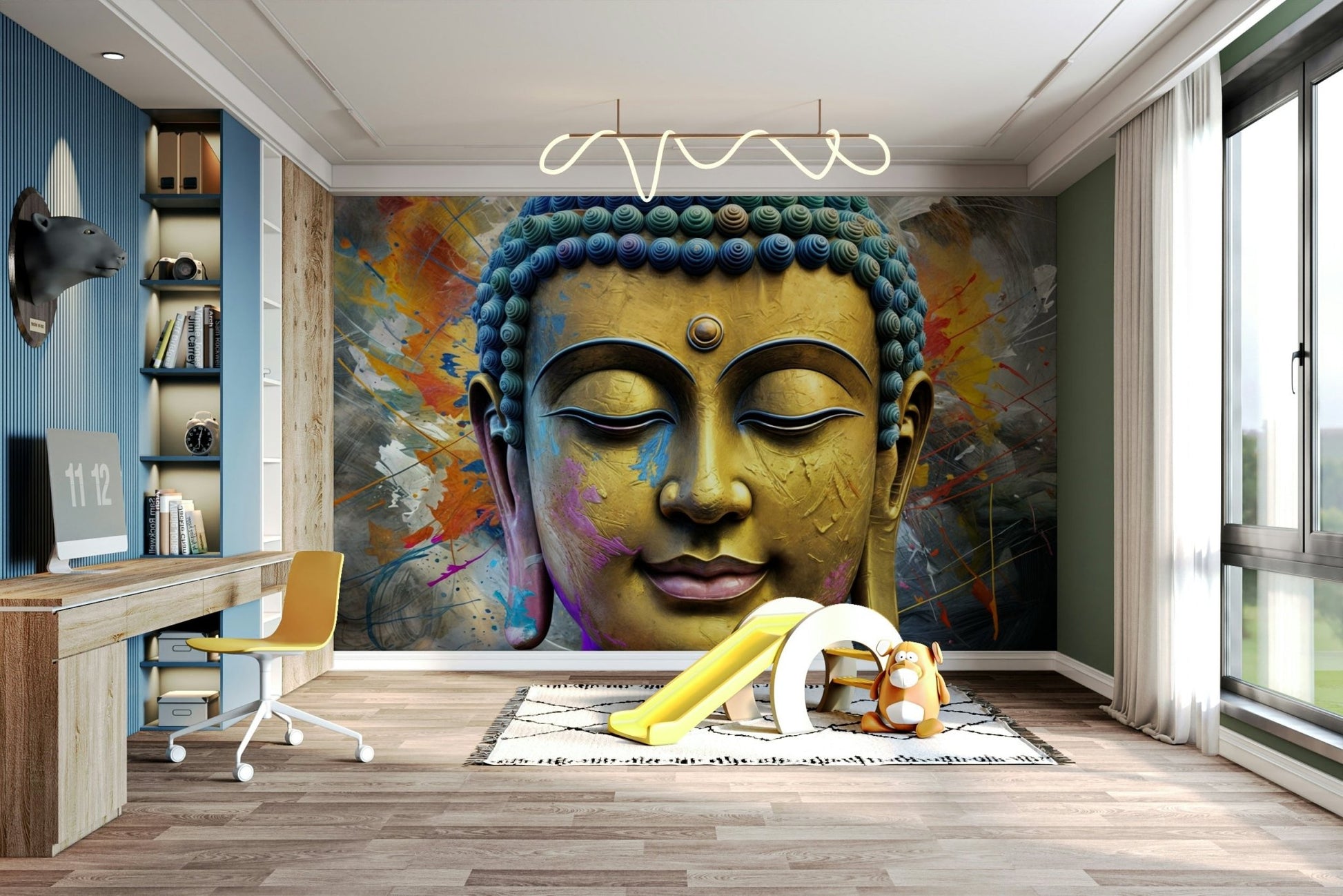 The colors are soft, muted tones of gold, beige, and white.

