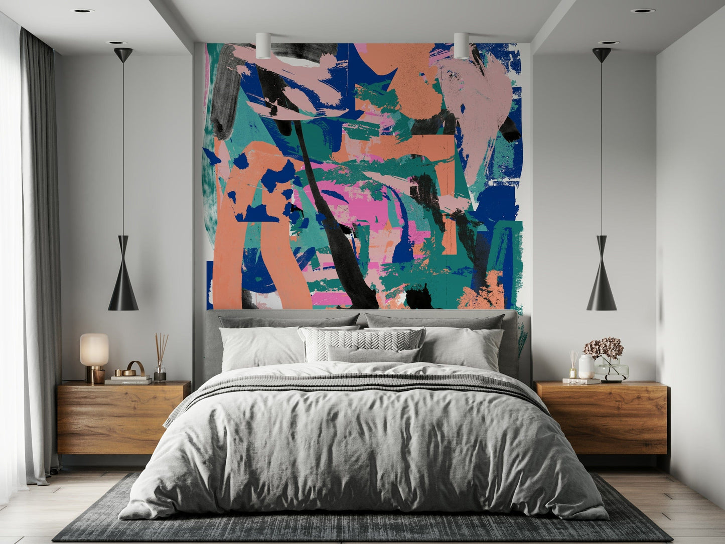 A peaceful ink splatter mural on decorative wallpaper.

